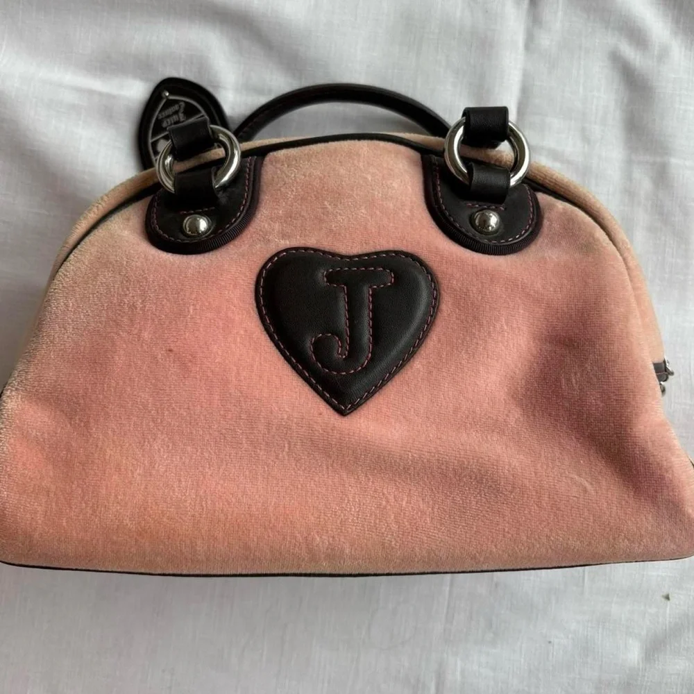 Y2K 2002 Vintage Juicy Couture Pink & Brown Velour Bowler Bag Purse - Picture 6 of 11